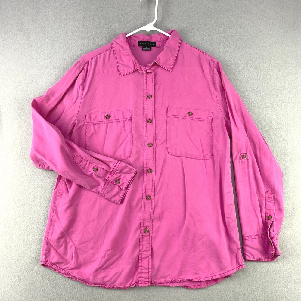 Sanctuary Button Down Top Women M Pink Utility Roll Tab Lyocell Career